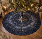 Star Compass Quiet Corner Tree Skirt with flat printed optical 3D ivory compass rose, muted brass points and slate-blue celestial rings