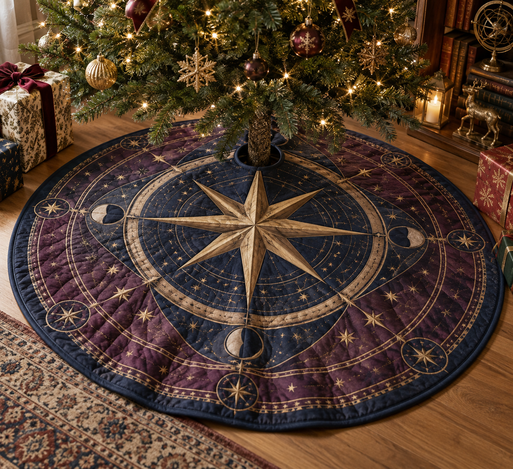Star Compass Birthday Tree Skirt with flat printed optical 3D antique-gold compass rose, navy celestial rings and pearl stars