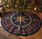 Star Compass Birthday Tree Skirt with flat printed optical 3D antique-gold compass rose, navy celestial rings and pearl stars