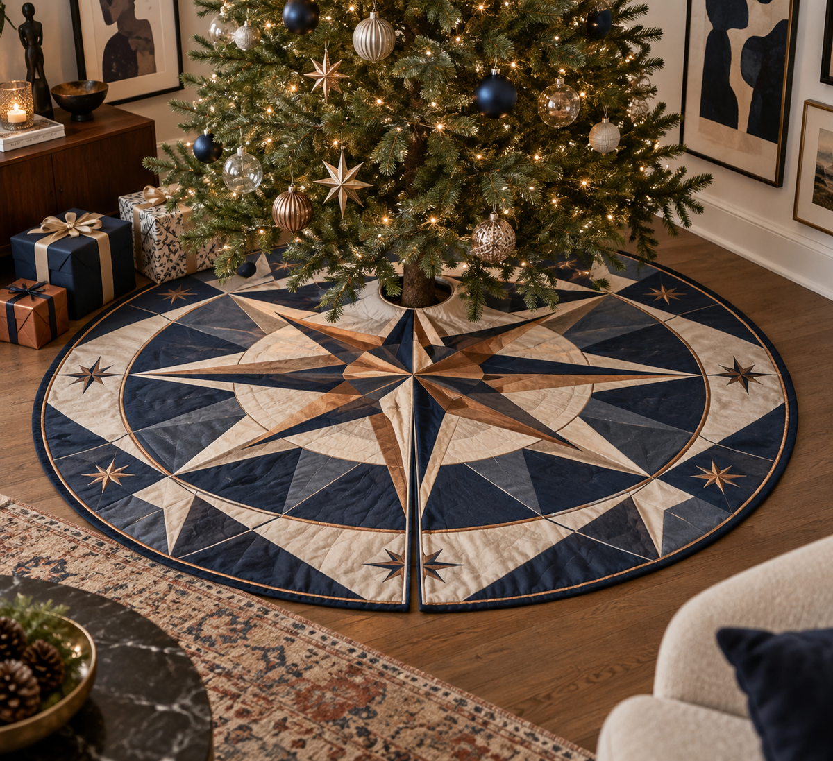 Star Compass Gallery Tree Skirt with flat printed optical 3D ivory compass rose, indigo map panels and copper navigation rays