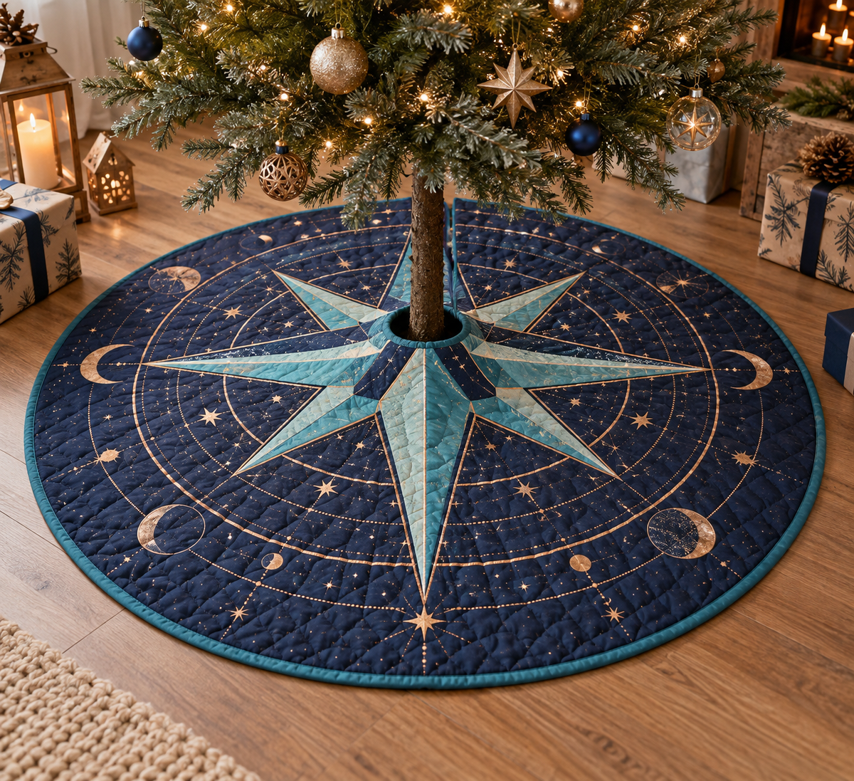 Star Compass Studio Tree Skirt with flat printed optical 3D ivory compass rose, teal stars and copper routes