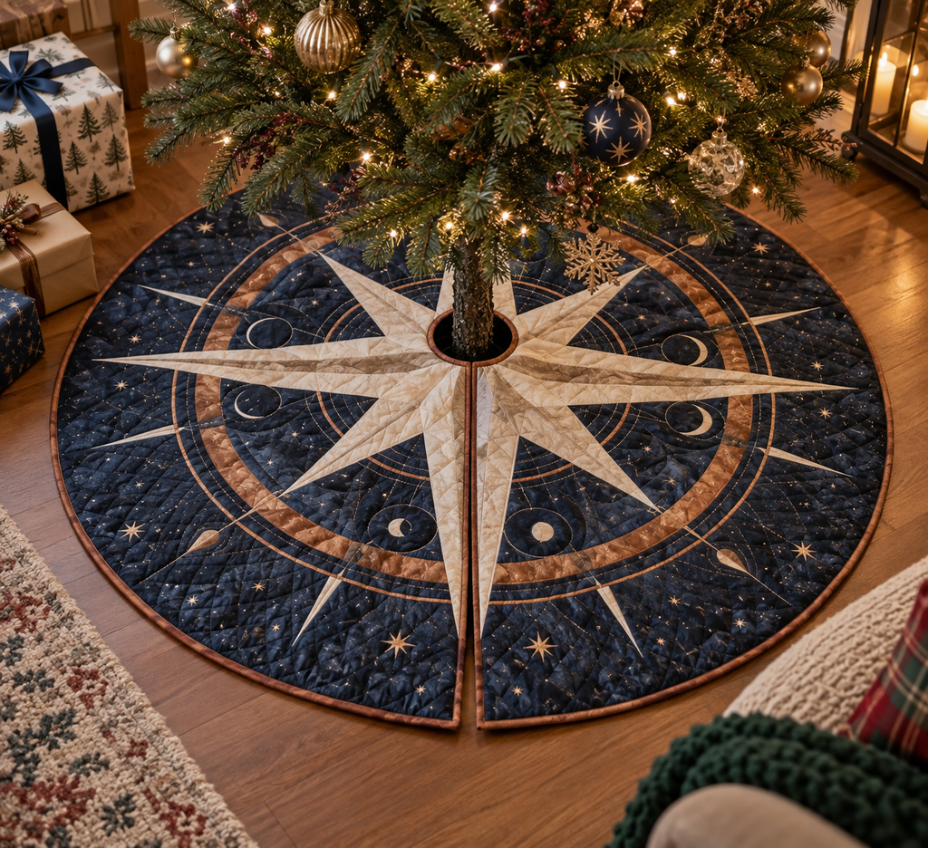 Star Compass Host Gift Tree Skirt with flat printed optical 3D ivory compass rose, indigo celestial rings and warm copper rays