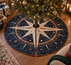 Star Compass Host Gift Tree Skirt with flat printed optical 3D ivory compass rose, indigo celestial rings and warm copper rays