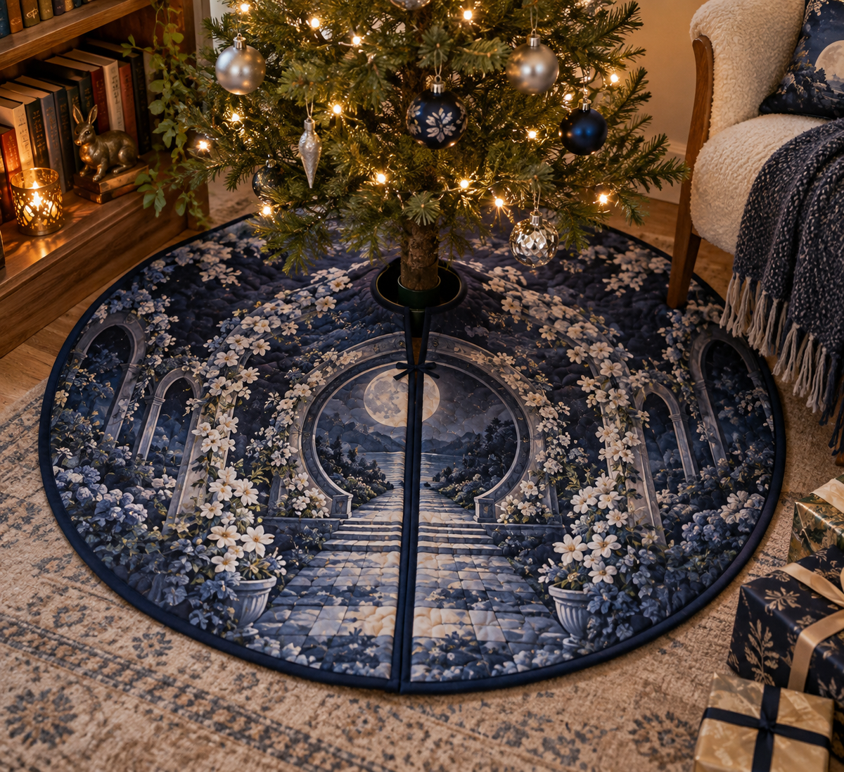 Moon Garden Gate Reading Nook Tree Skirt with flat printed optical 3D moonlit ivy gate, silver crescent and indigo garden path