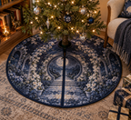 Moon Garden Gate Reading Nook Tree Skirt with flat printed optical 3D moonlit ivy gate, silver crescent and indigo garden path