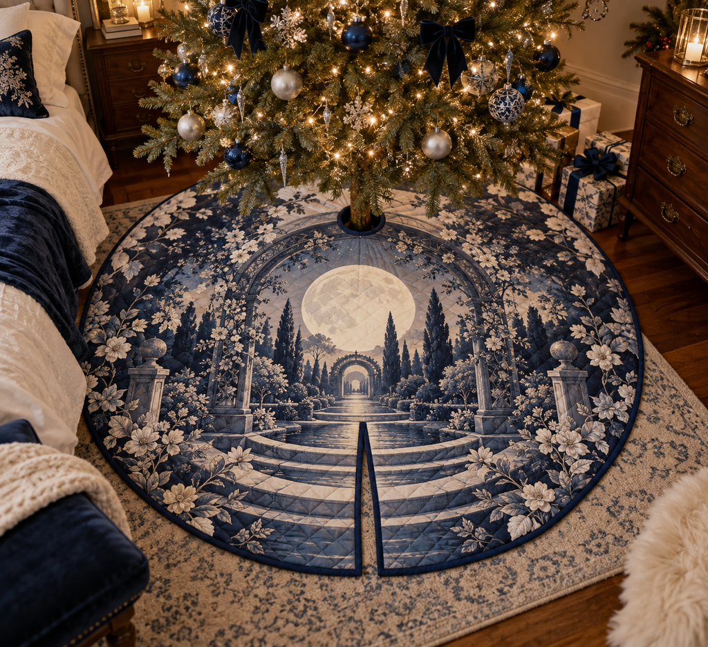 Moon Garden Gate Bedroom Tree Skirt with flat printed optical 3D pearl moon, cobalt floral gate and receding garden path