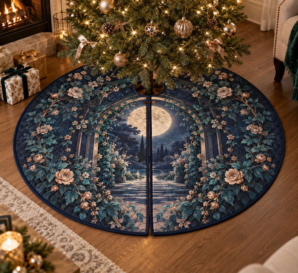 Moon Garden Gate Living Room Tree Skirt with flat printed optical 3D cream moon, teal ivy arch and deep indigo garden path