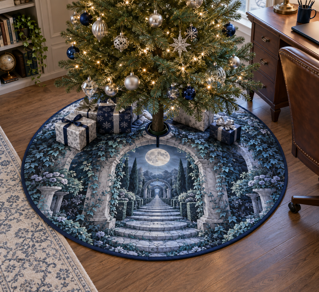 Moon Garden Gate Home Office Tree Skirt with flat printed optical 3D silver moon, indigo ivy gate and teal garden path