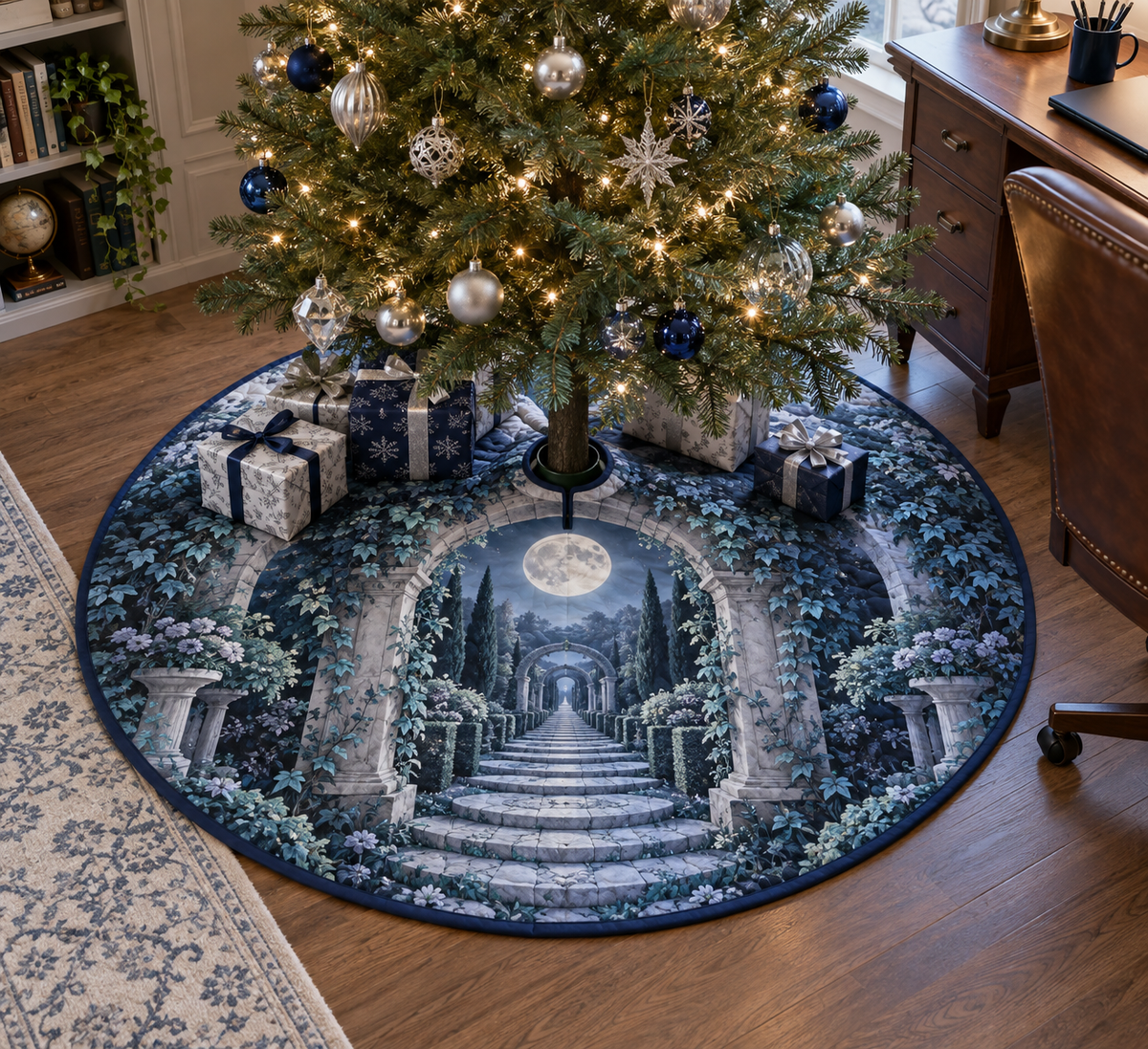 Moon Garden Gate Home Office Tree Skirt with flat printed optical 3D silver moon, indigo ivy gate and teal garden path