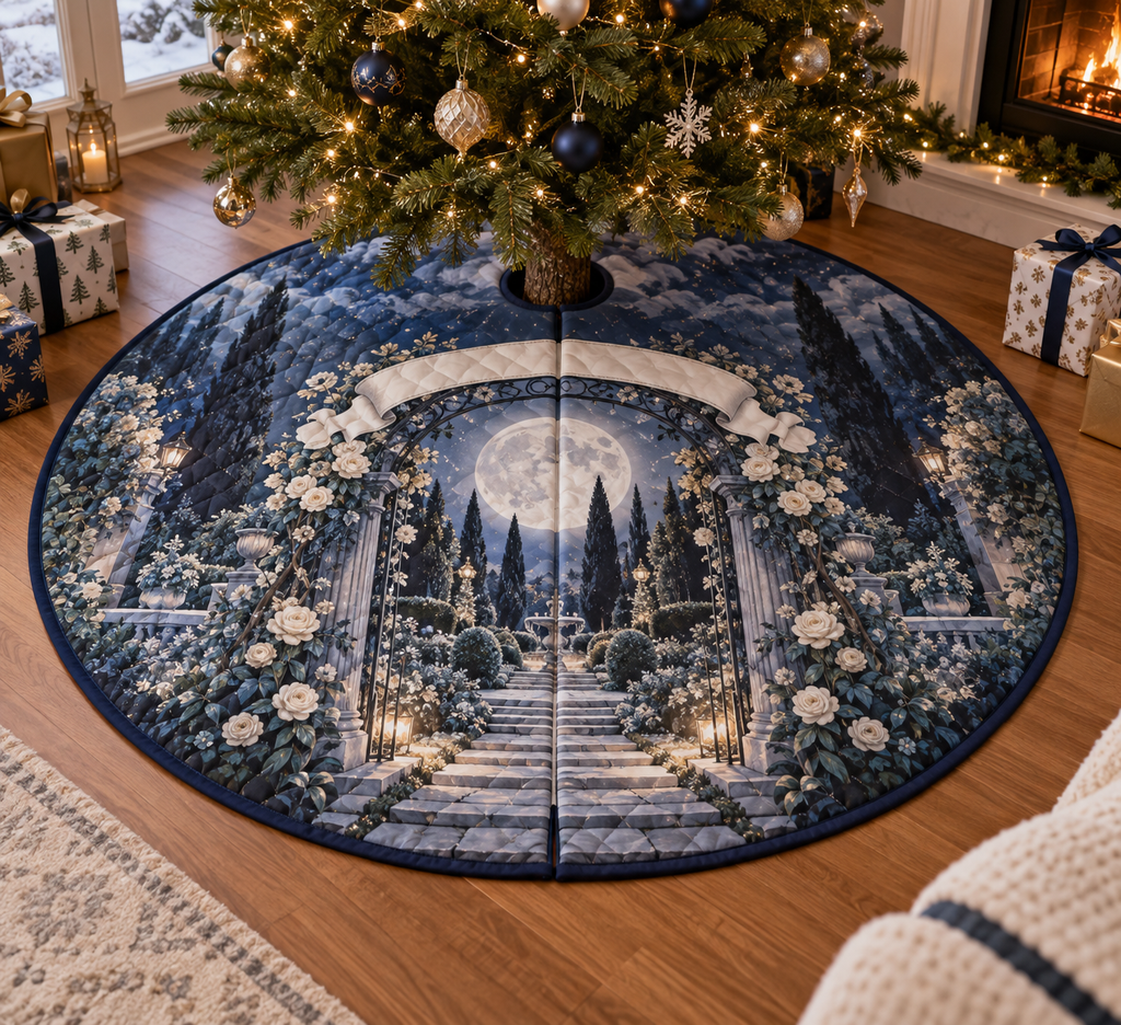 Moon Garden Gate Housewarming Tree Skirt with flat printed optical 3D silver crescent, teal ivy gate and indigo garden path