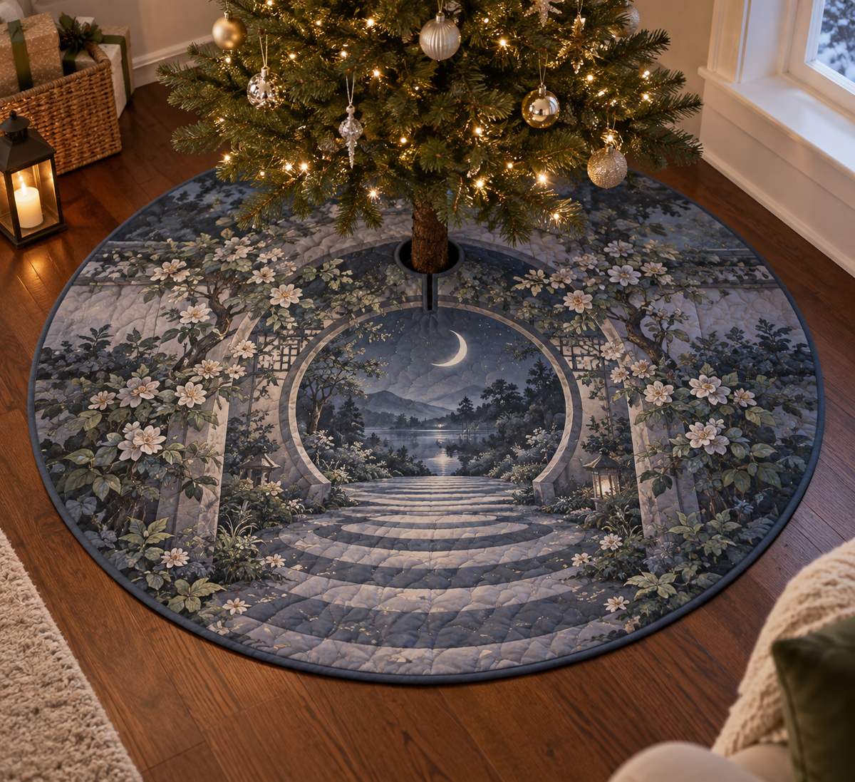 Moon Garden Gate Quiet Corner Tree Skirt with flat printed optical 3D misty moon, sage ivy arch and slate-blue garden path