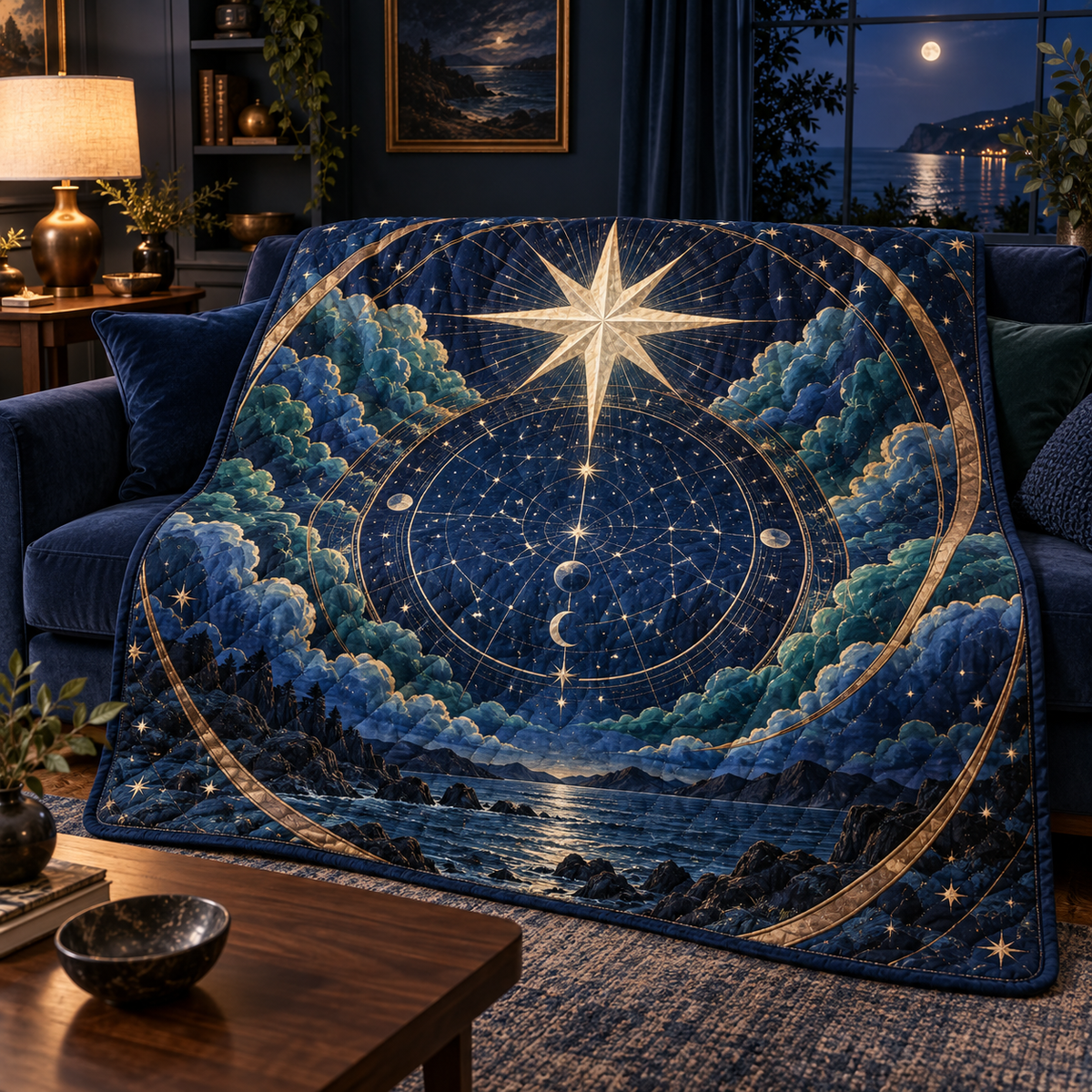 Moon Garden Gate Birthday Tree Skirt with flat printed optical 3D copper moon, plum flowers and indigo garden path