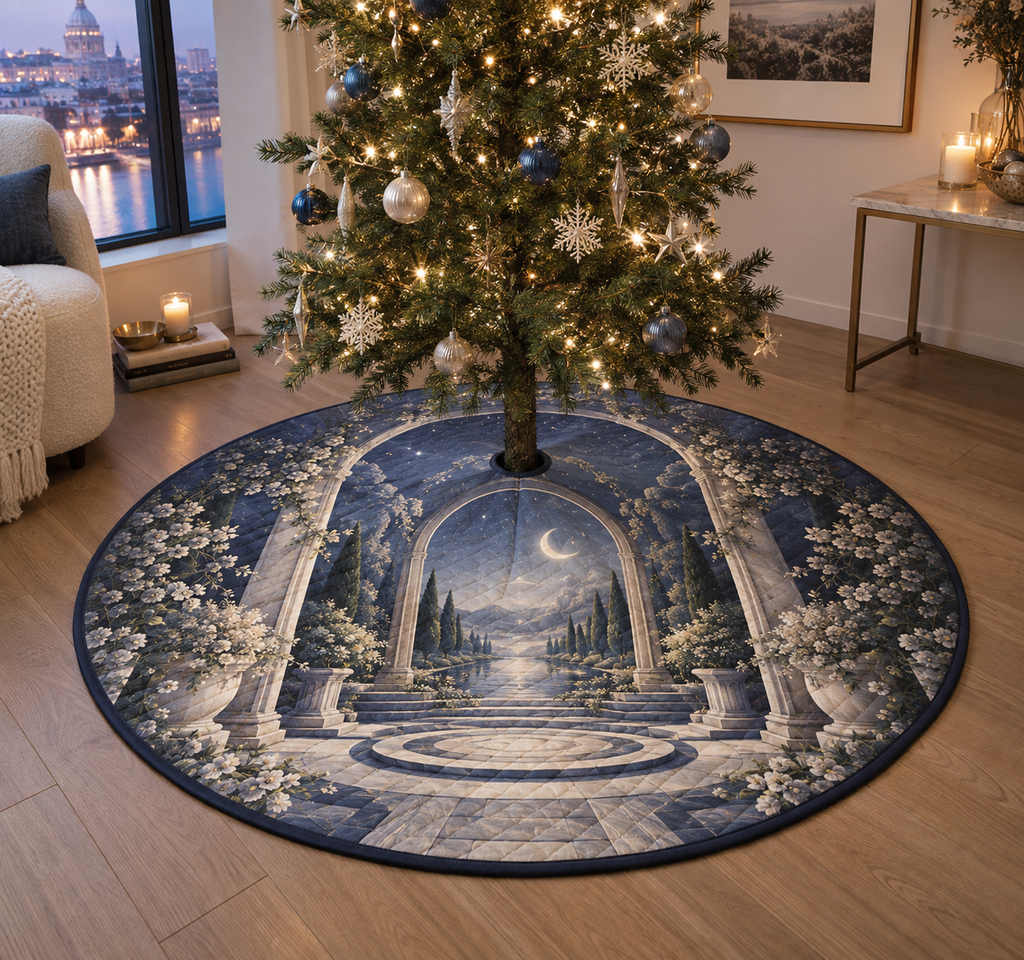 Moon Garden Gate Gallery Tree Skirt with flat printed optical 3D crescent moon, indigo garden gate and receding path