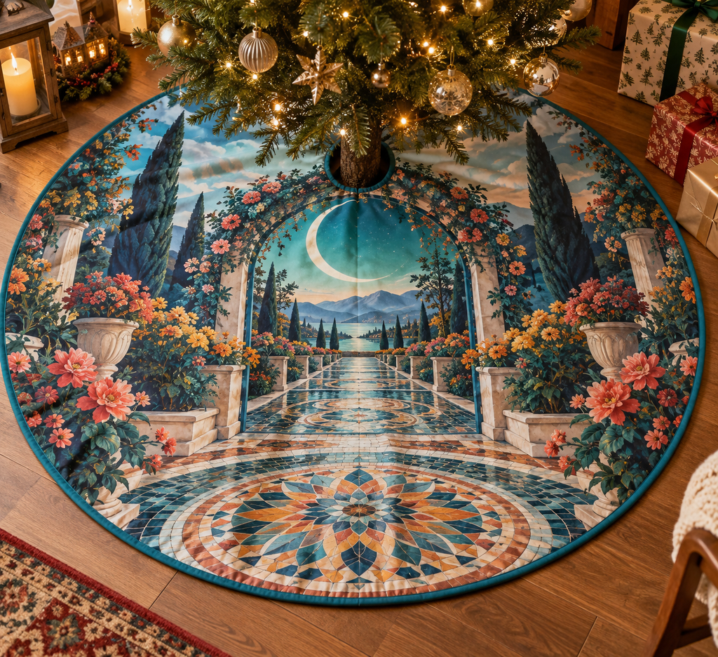 Moon Garden Gate Studio Tree Skirt with flat printed optical 3D teal crescent, cobalt floral gate and receding mosaic path