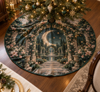 Moon Garden Gate Host Gift Tree Skirt with flat printed optical 3D champagne crescent, emerald floral gate and receding garden path