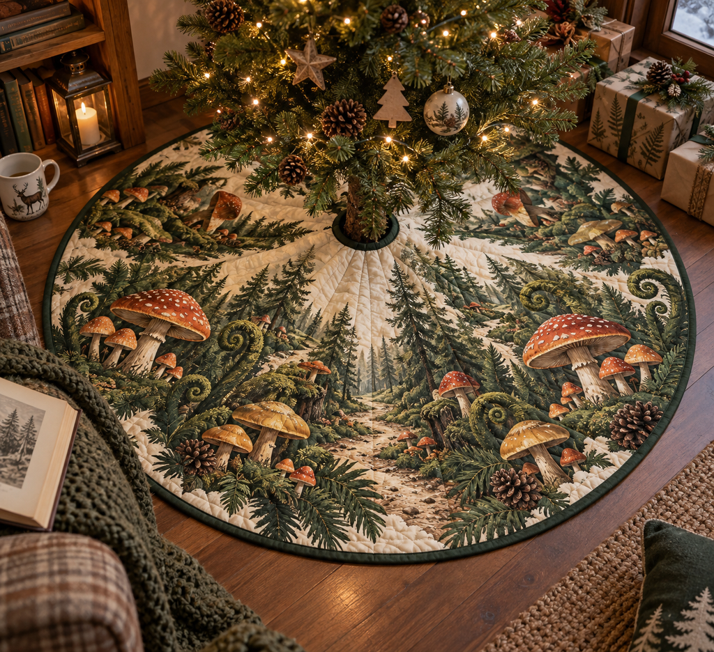 Woodland Mushroom Reading Nook Tree Skirt with flat printed optical 3D woodland mushrooms, ferns and receding forest path