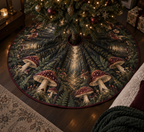 Woodland Mushroom Bedroom Tree Skirt with flat printed optical 3D burgundy mushrooms, dark ferns and receding forest path
