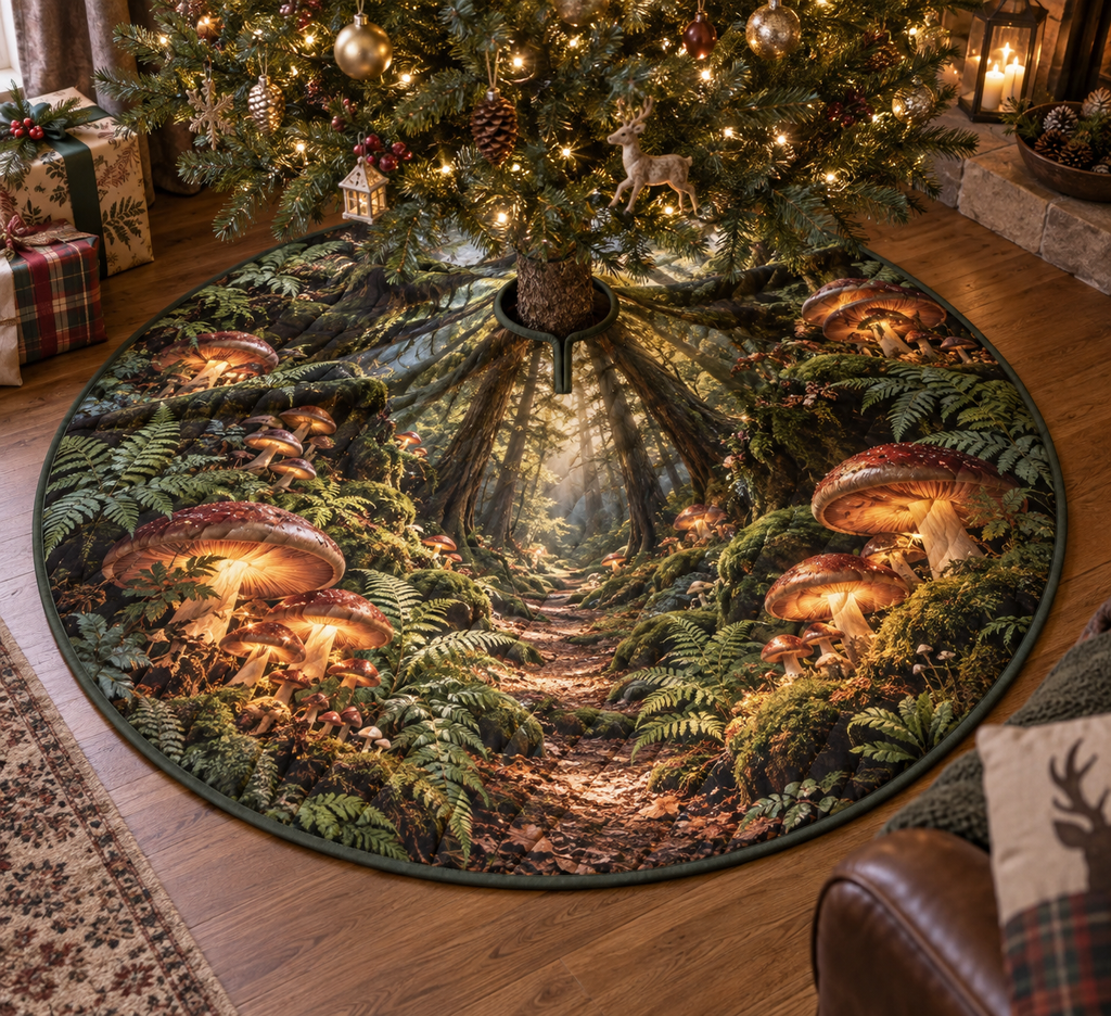 Woodland Mushroom Grotto Tree Skirt with flat printed optical 3D mushroom grotto, emerald ferns and receding forest trail