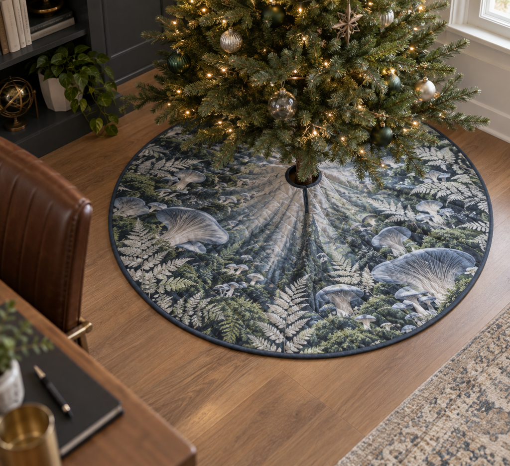 Woodland Mushroom Office Tree Skirt with flat printed optical 3D smoky-blue oyster mushrooms, sage ferns and forest path