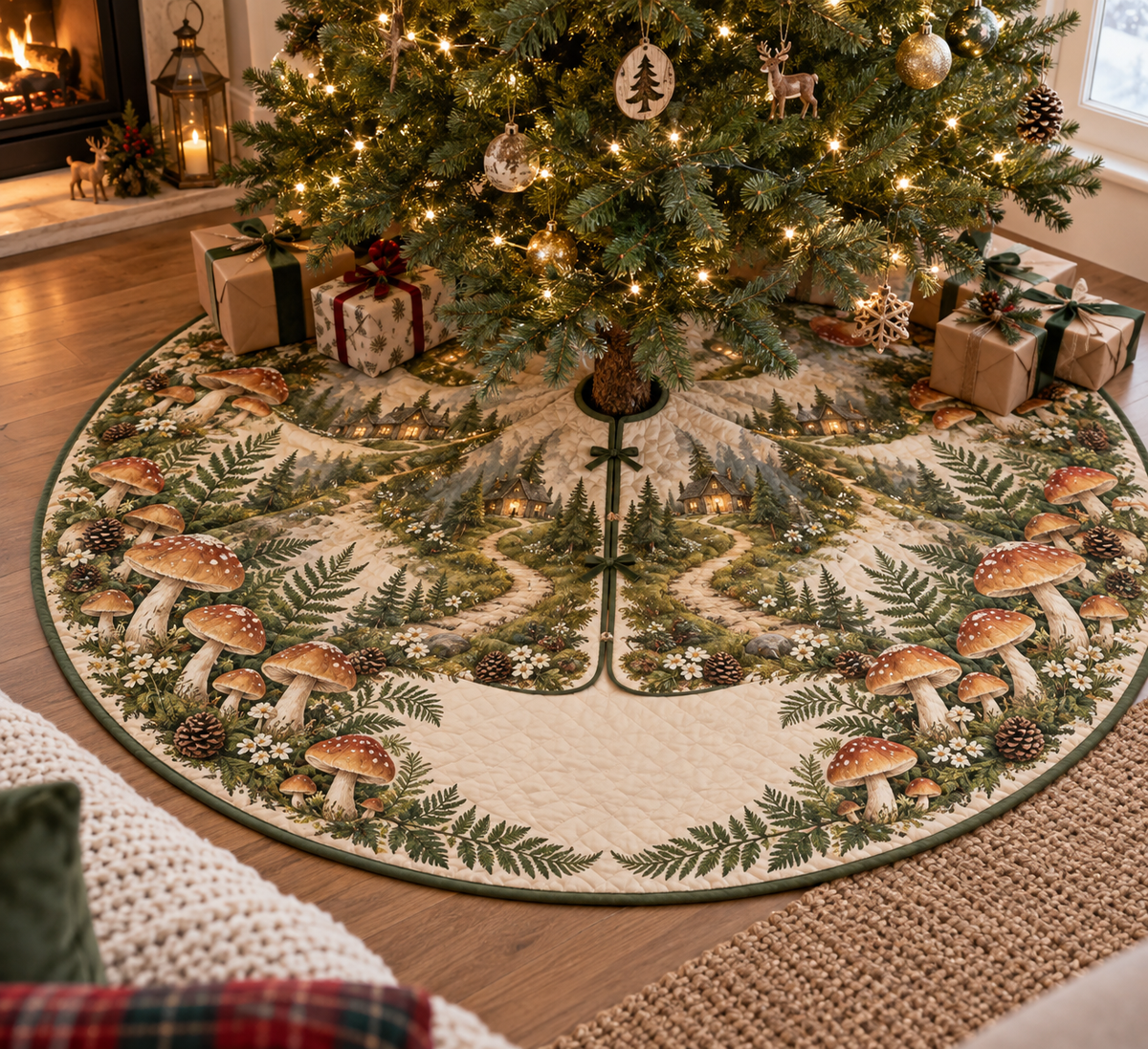 Woodland Mushroom Housewarming Tree Skirt with flat printed optical 3D honey mushrooms, sage ferns and cottage path; customer family name added after ordering
