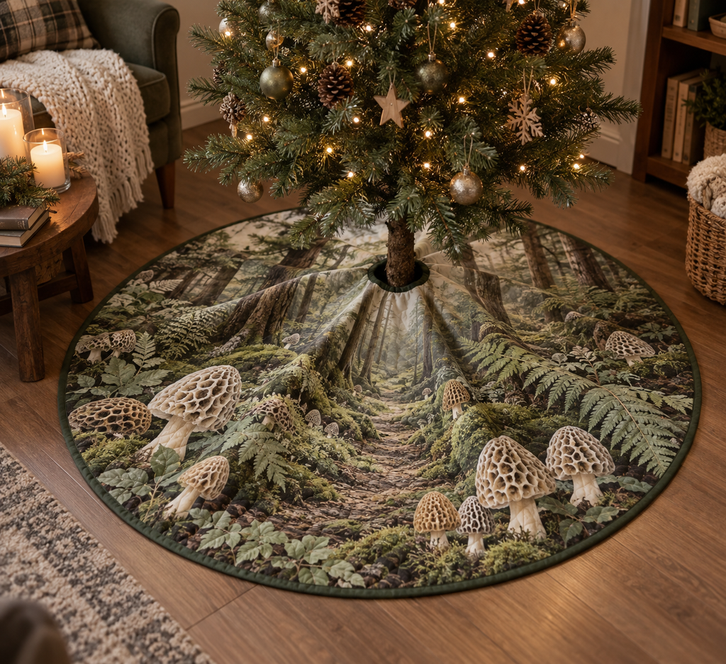 Woodland Mushroom Quiet Corner Tree Skirt with flat printed optical 3D ivory morels, sage ferns and misty forest path