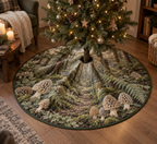 Woodland Mushroom Quiet Corner Tree Skirt with flat printed optical 3D ivory morels, sage ferns and misty forest path