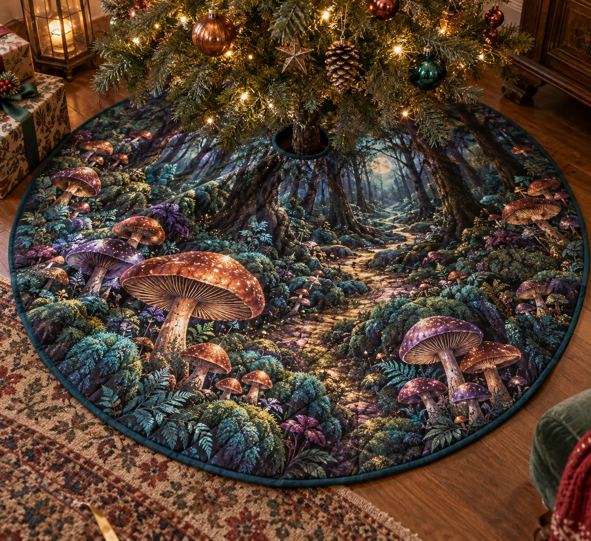 Woodland Mushroom Birthday Tree Skirt with flat printed optical 3D violet and copper mushrooms, teal ferns and forest path