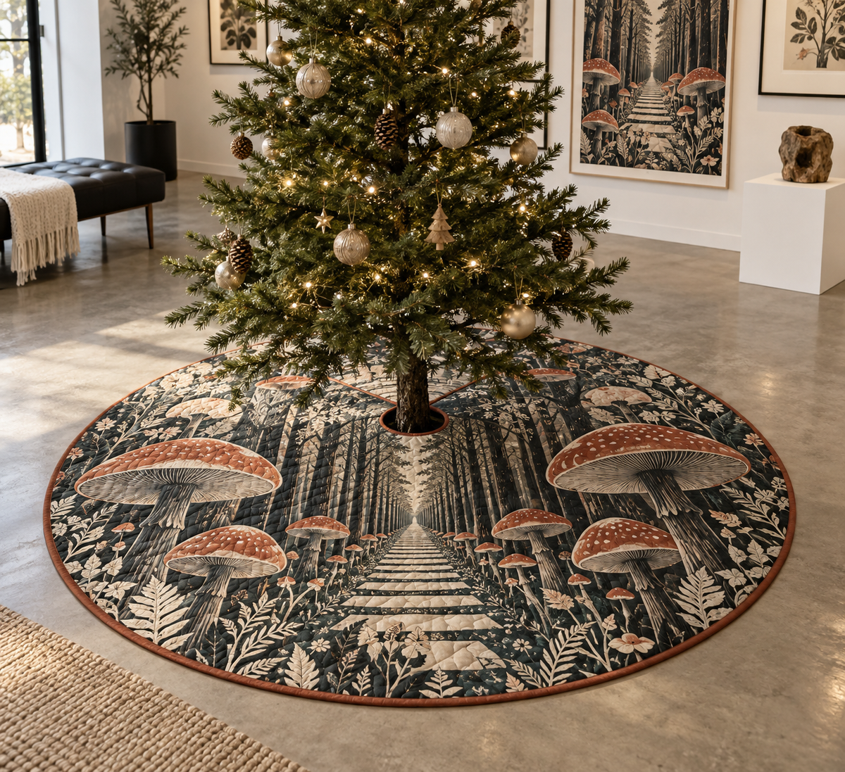 Woodland Mushroom Gallery Tree Skirt with flat printed optical 3D terracotta mushrooms, charcoal ferns and geometric forest path