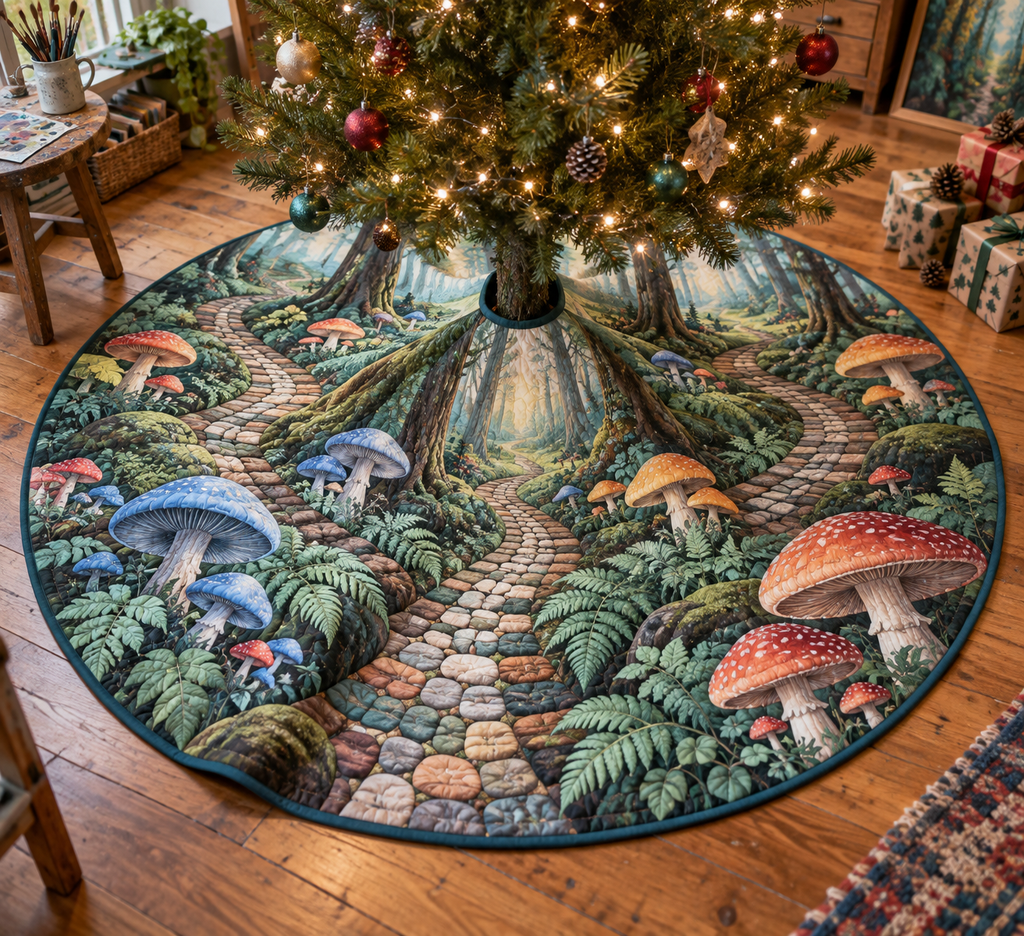 Woodland Mushroom Studio Tree Skirt with flat printed optical 3D cobalt and coral mushrooms, teal ferns and mosaic forest path