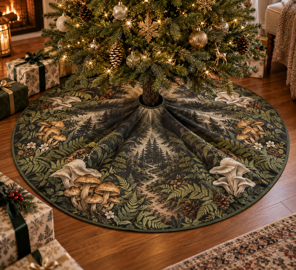 Woodland Mushroom Host Gift Tree Skirt with flat printed optical 3D golden mushrooms, sage ferns and sunlit forest path