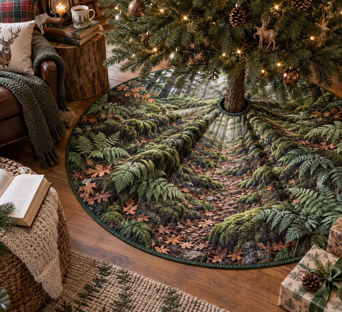 Fern Forest Floor Reading Nook Tree Skirt with flat printed optical 3D emerald ferns, copper leaves and receding moss trail