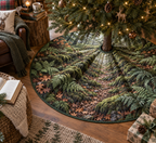 Fern Forest Floor Reading Nook Tree Skirt with flat printed optical 3D emerald ferns, copper leaves and receding moss trail