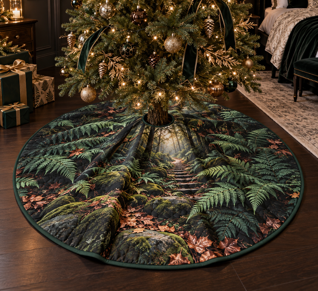 Fern Forest Floor Bedroom Tree Skirt with flat printed optical 3D deep emerald ferns, copper leaves and mossy forest trail