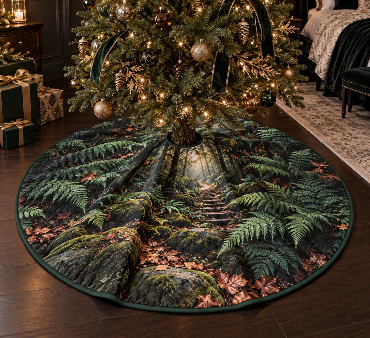 Fern Forest Floor Bedroom Tree Skirt with flat printed optical 3D deep emerald ferns, copper leaves and mossy forest trail