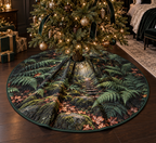Fern Forest Floor Bedroom Tree Skirt with flat printed optical 3D deep emerald ferns, copper leaves and mossy forest trail