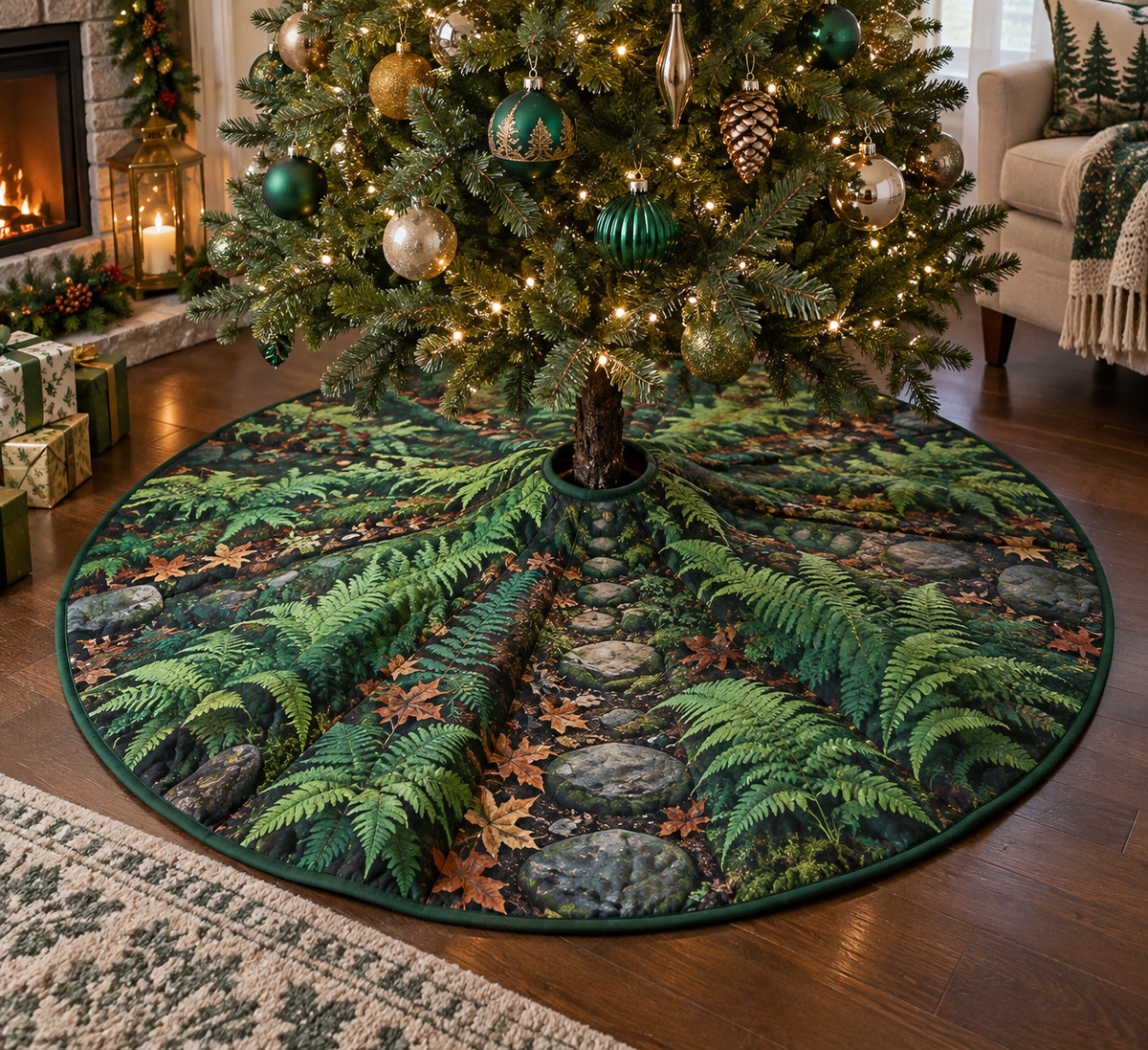 Fern Forest Floor Living Room Tree Skirt with flat printed optical 3D luminous emerald fern spiral, copper leaves and stepping-stone path