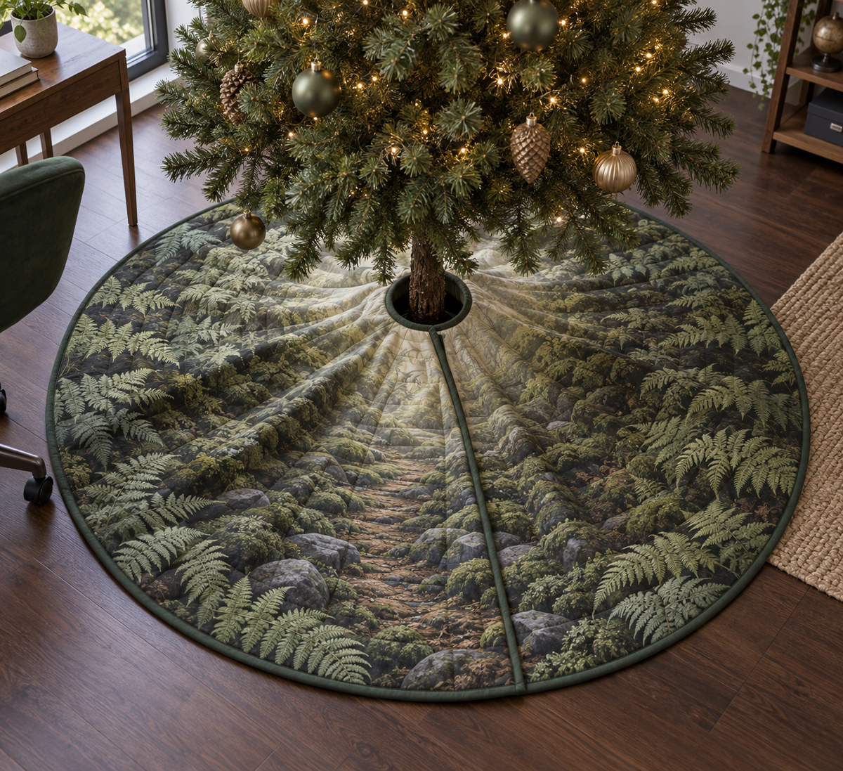 Fern Forest Floor Office Tree Skirt with flat printed optical 3D smoky sage ferns, lichen stones and receding woodland trail
