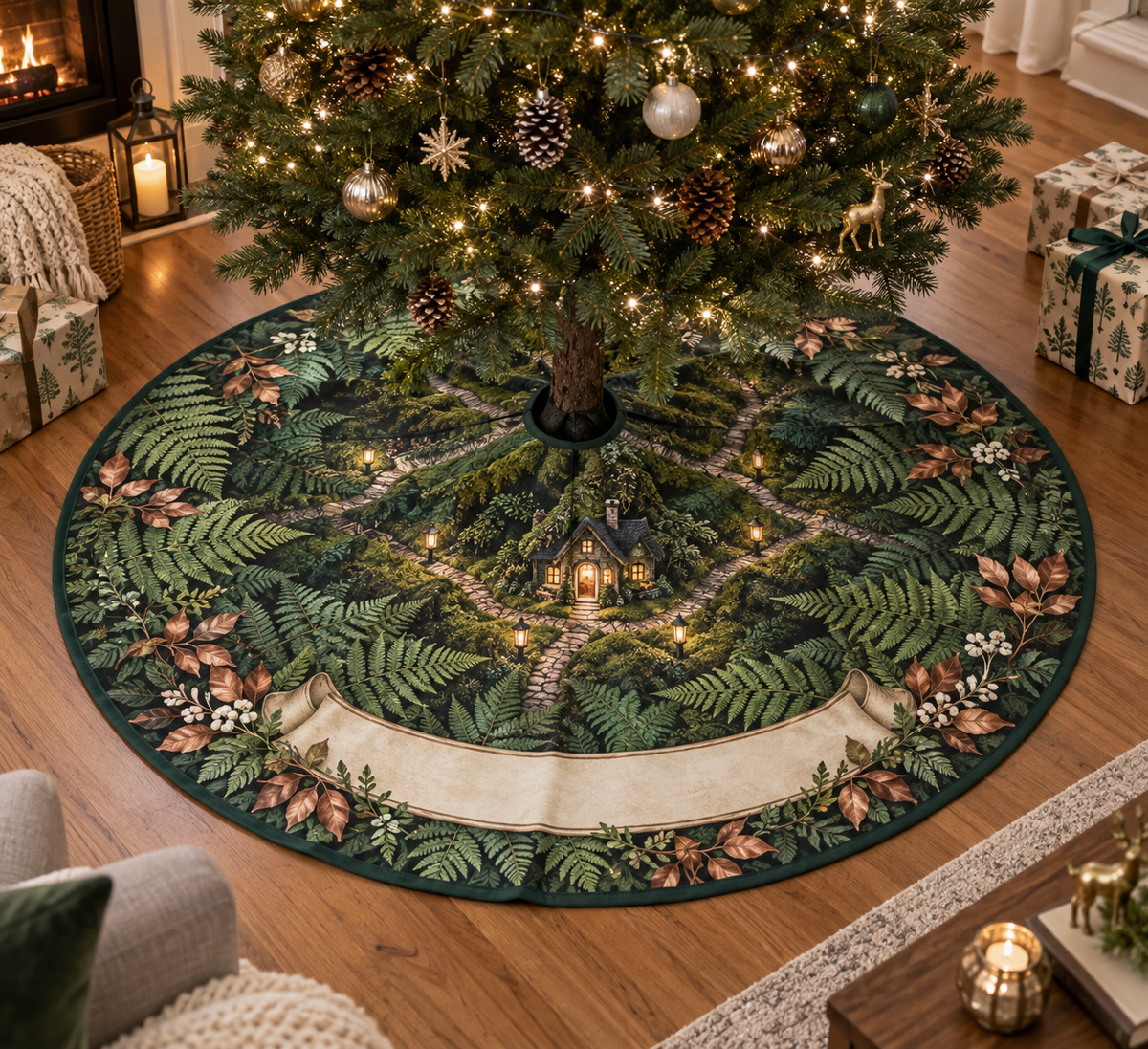 Fern Forest Floor Housewarming Tree Skirt with flat printed optical 3D emerald ferns, copper leaves and homeward path; customer family name added after ordering