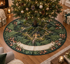 Fern Forest Floor Housewarming Tree Skirt with flat printed optical 3D emerald ferns, copper leaves and homeward path; customer family name added after ordering