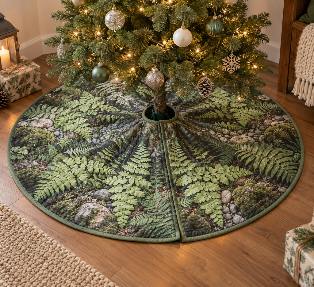 Fern Forest Floor Quiet Corner Tree Skirt with flat printed optical 3D pale sage maidenhair ferns, ivory pebbles and misty forest path