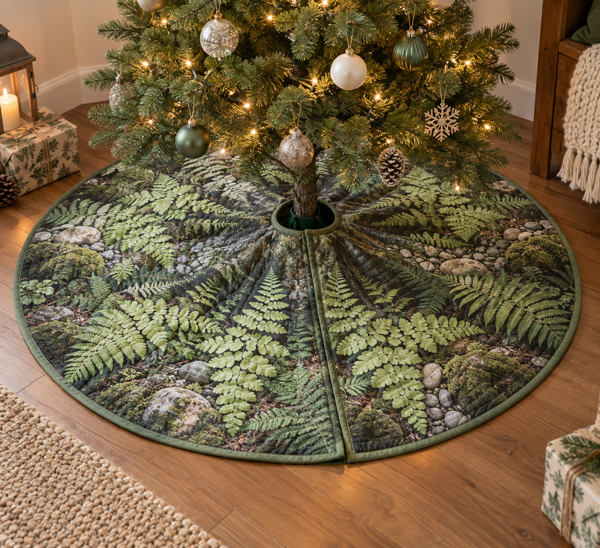 Fern Forest Floor Quiet Corner Tree Skirt with flat printed optical 3D pale sage maidenhair ferns, ivory pebbles and misty forest path