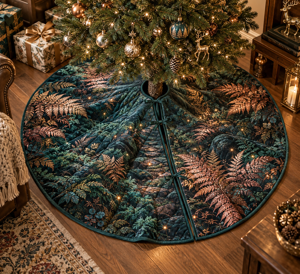 Fern Forest Floor Birthday Tree Skirt with flat printed optical 3D copper-gold ferns, teal moss and violet forest path
