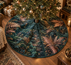 Fern Forest Floor Birthday Tree Skirt with flat printed optical 3D copper-gold ferns, teal moss and violet forest path