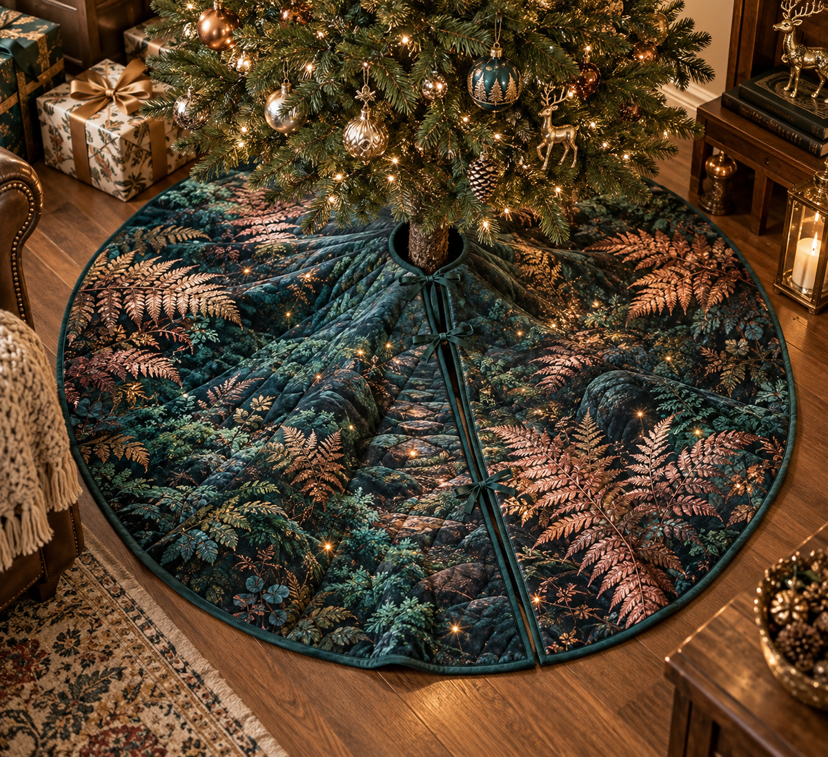 Fern Forest Floor Birthday Tree Skirt with flat printed optical 3D copper-gold ferns, teal moss and violet forest path