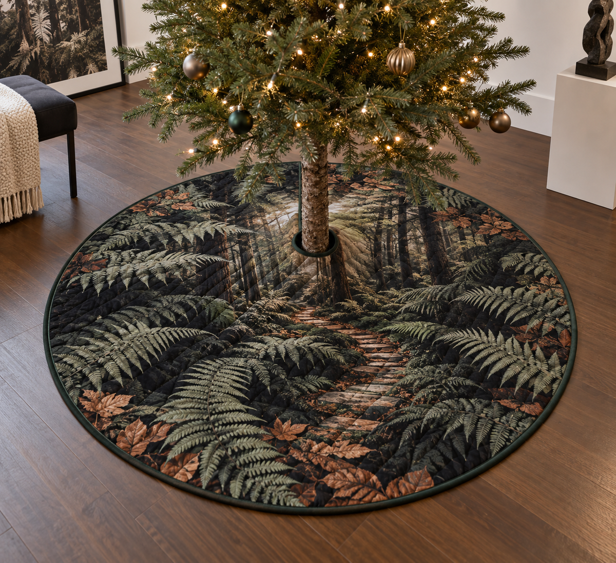 Fern Forest Floor Gallery Tree Skirt with flat printed optical 3D charcoal ferns, terracotta leaves and geometric woodland path