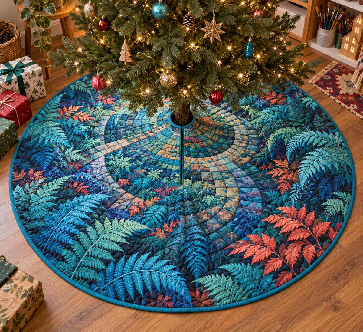 Fern Forest Floor Studio Tree Skirt with flat printed optical 3D turquoise fern spirals, coral leaves and mosaic woodland path