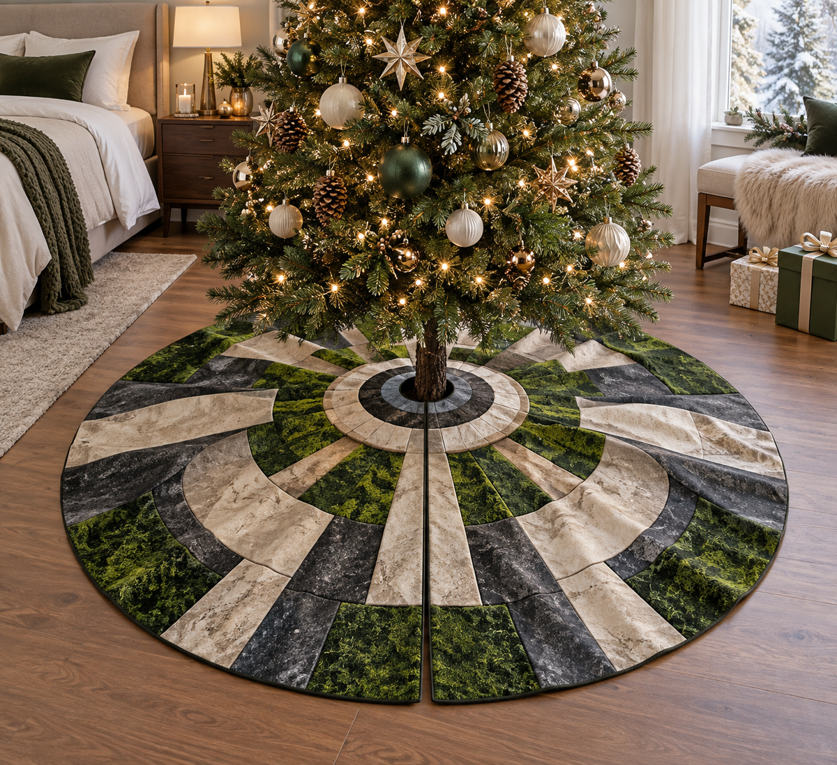 Moss and Stones Bedroom Tree Skirt with flat printed optical 3D jade moss, travertine stones and geometric path