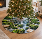 Moss and Stones Living Room Tree Skirt with flat printed optical 3D malachite moss, sandstone and receding riverbed