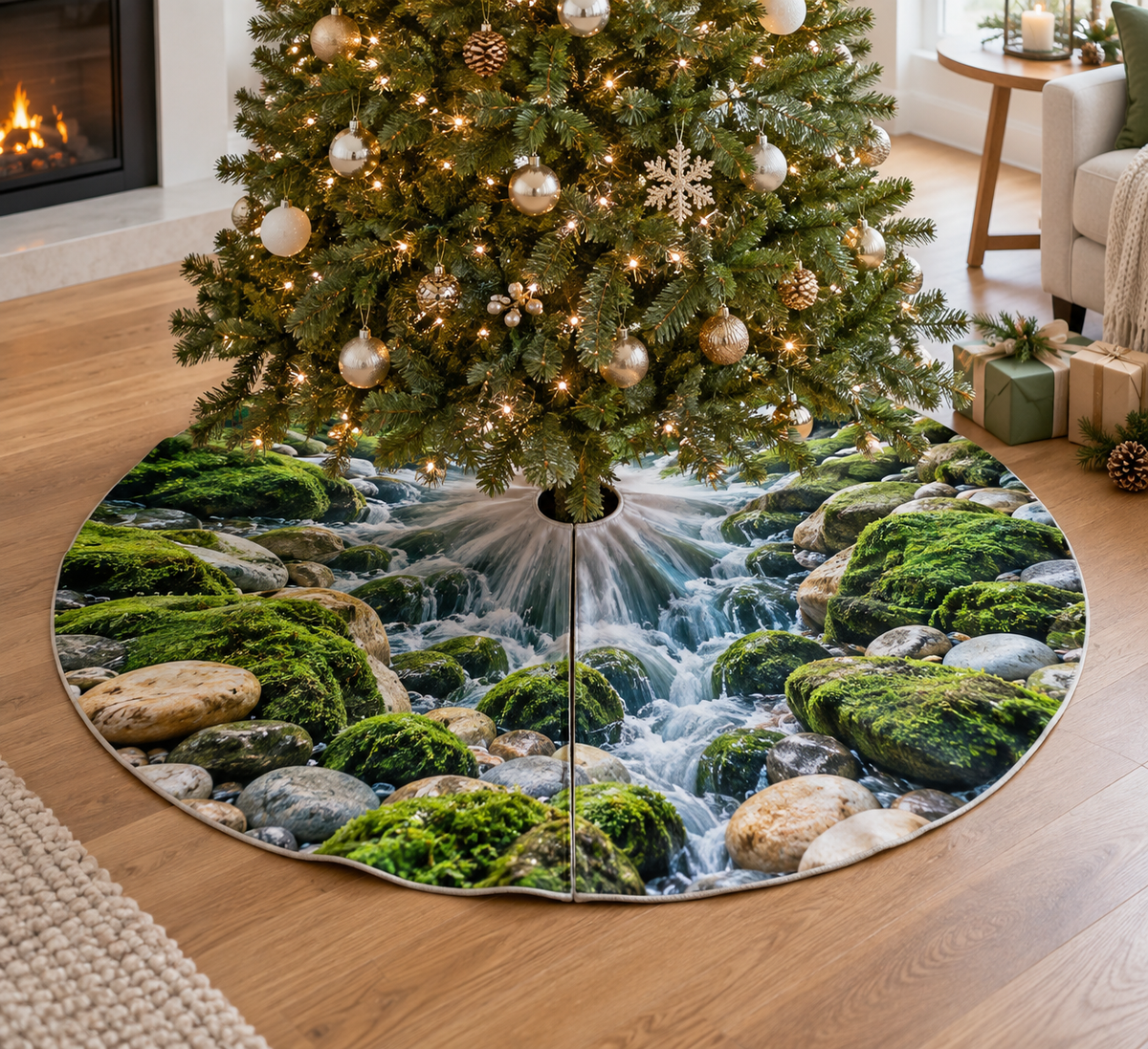 Moss and Stones Living Room Tree Skirt with flat printed optical 3D malachite moss, sandstone and receding riverbed