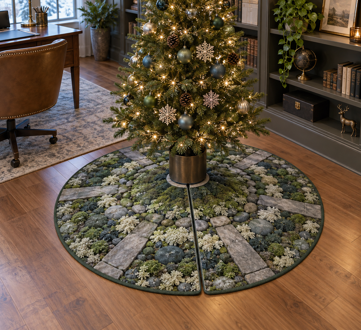 Moss and Stones Office Tree Skirt with flat printed optical 3D blue-green moss, gray river stones and flagstone path